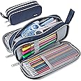 BOMENNE Pencil Case with 3 Compartments, Canvas Zipper Pencil Pouch, Large Pencil bag, Big Pen Case Pouch Organizer for Adults, Pencil Pouches for Middle High School Teen Boys Girls - Blue