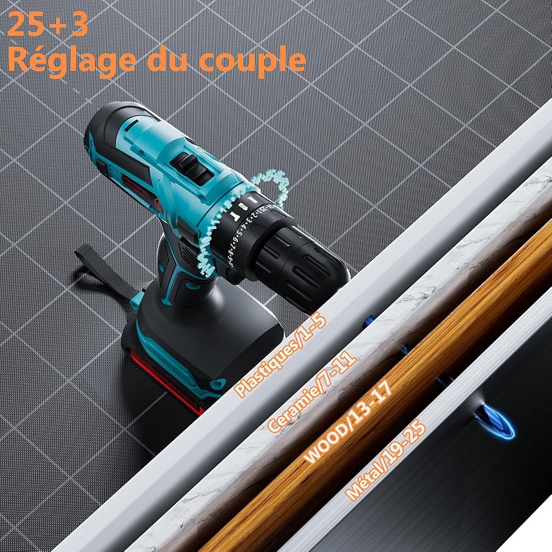 Perceuse Visseuse Sans Fil 21V Avec Batterie 4000mAh, 45Nm de couple max 25+3 positions de couple (2 vitesses & LED), 2 batteries 2,0Ah et chargeurpour la maison et le jardin projet DIY (Bleu)