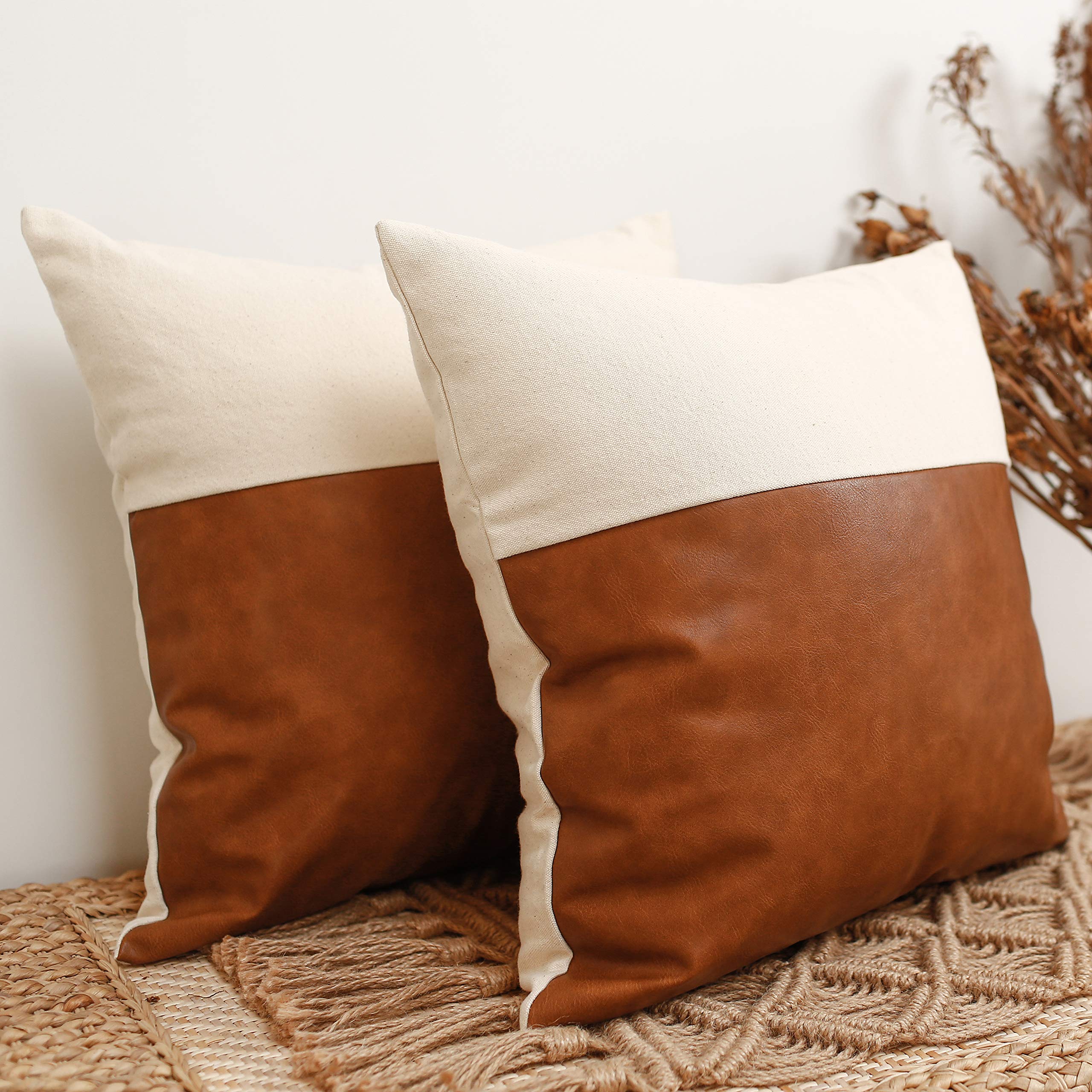 HOMFINER Faux Leather and 100% Thick Natural Cotton Decorative Throw Pillow  Covers 18x18, Set of Modern Farmhouse Boho Rustic Decor Accent Cases