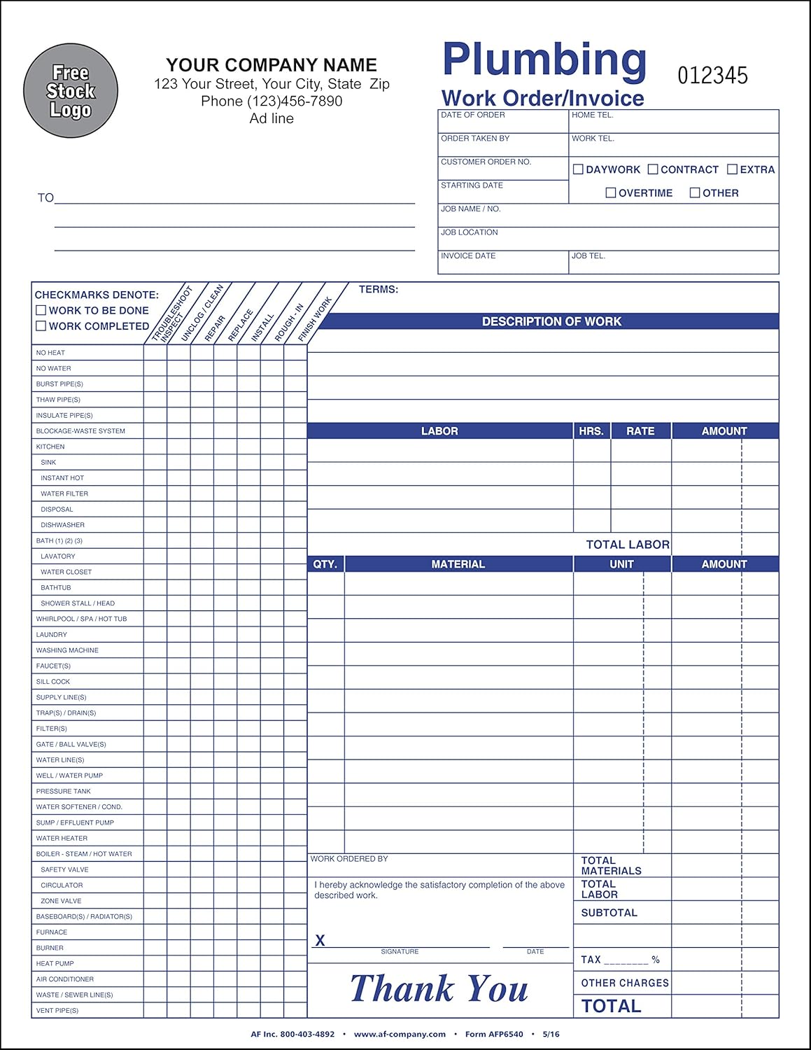 Plumbing Work Order/Invoice, 8.5"x11", 3 Copy (Triplicate