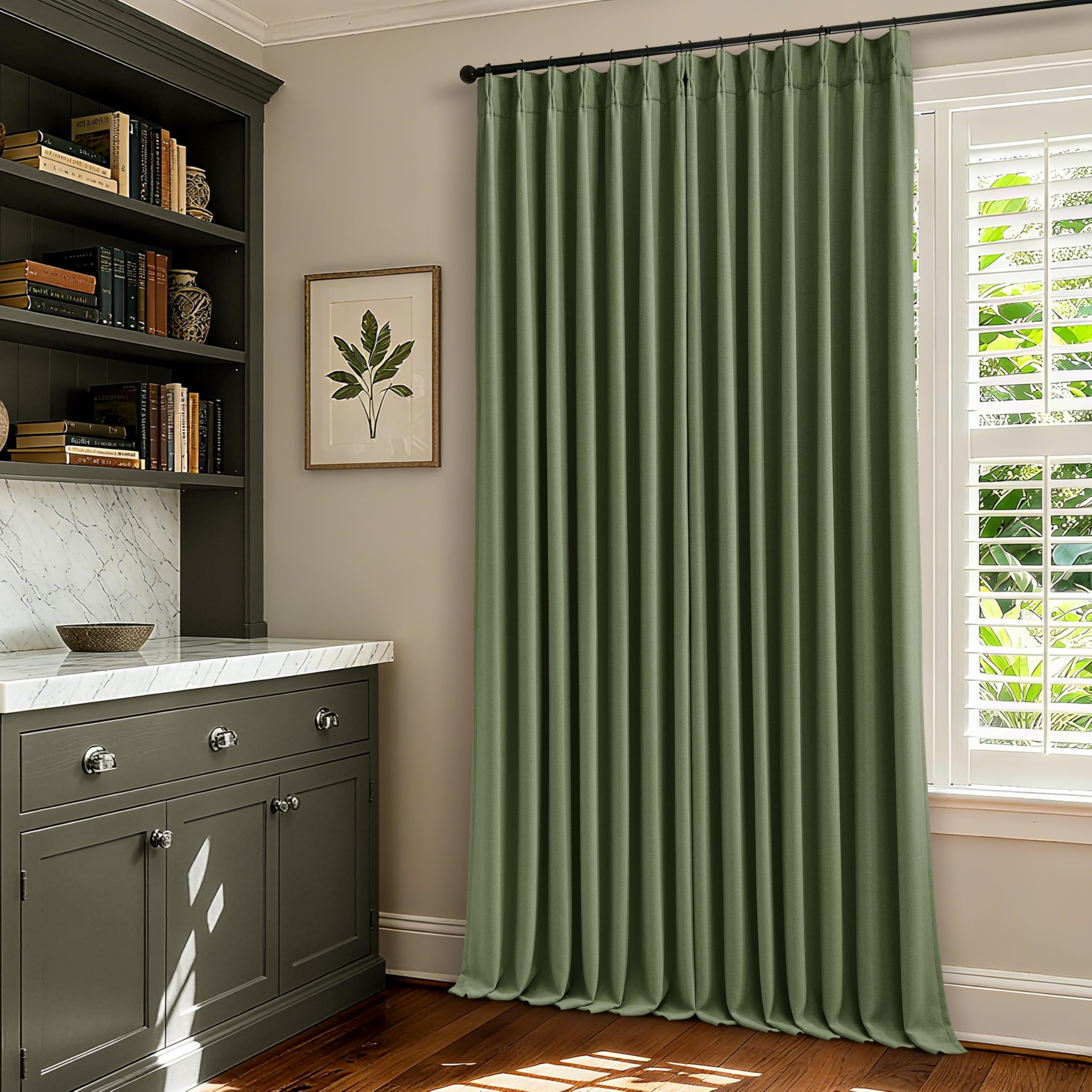 Photo 1 of (1 panel) Loden 105 Inch Long Blackout Curtains Olive Green Thick Linen Pinch Pleated Curtains 2 Panels for Bedroom Living Room Darkening Light Blocking Pinch Pleat Back Tab 105 Inch Window Drapes Olive Green