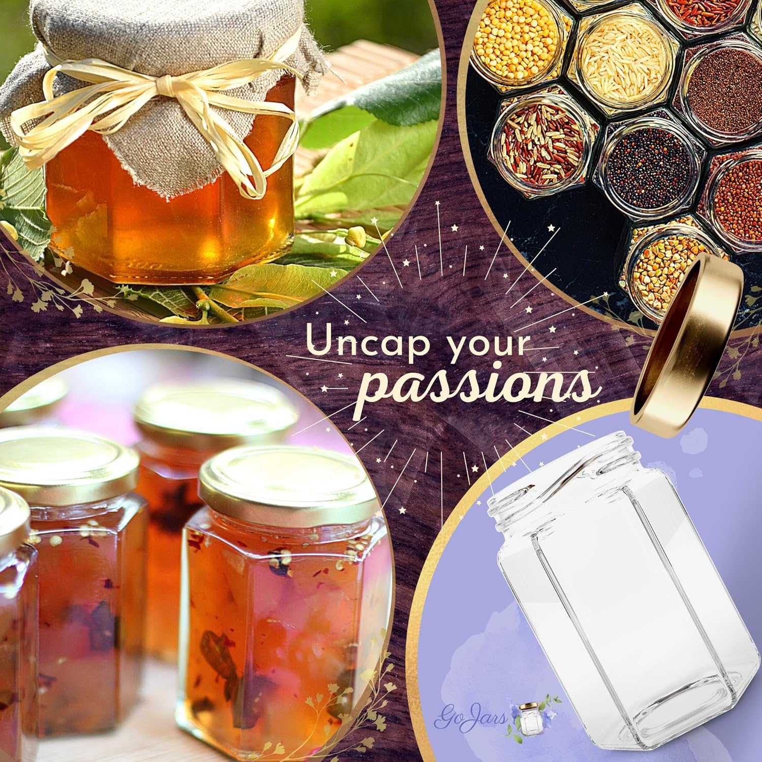 Kitchen & Dining Gojars Hexagon Glass Jars 6oz Premium Food-Grade 24