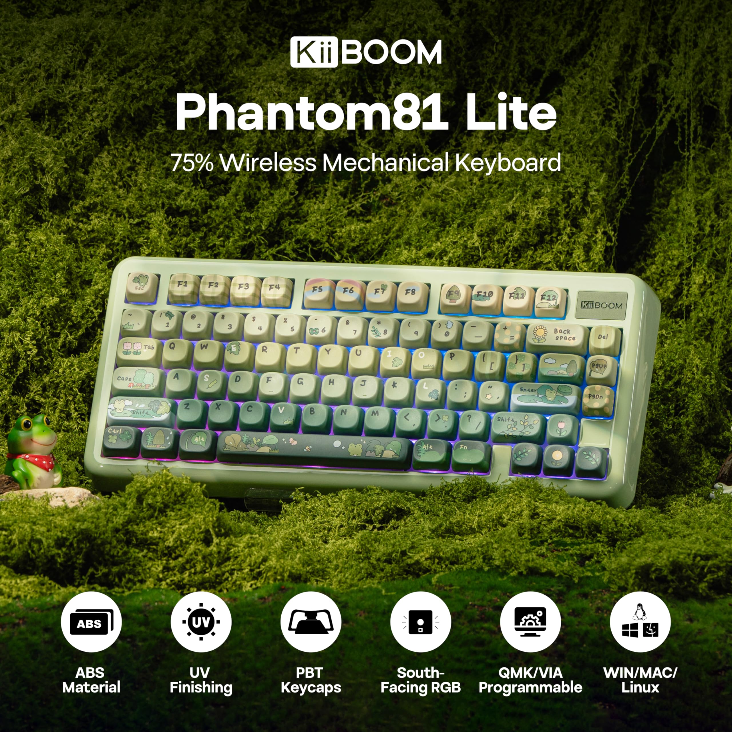 KiiBoom Phantom81 Lite 75% Gasket Mechanical Keyboard, QMK&VIA Programmable, 3 Modes Wireless Gaming Keyboard, RGB Backlights, ABS Case + UV Tech, Hot-Swappable for Windows/Mac/Linux (Green)