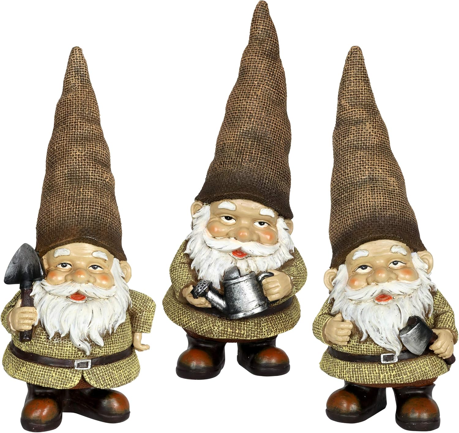 Exhart Burlap Gardening Gnome Statues (Set of 3), Outdoor Gnome Figurines| Hand-Painted | Weather Resistant & UV Treated Fairy Tale Garden Accessories | Gnome Décor for Garden | 5.5” L x 5” W x 11” H