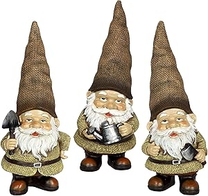 Exhart Burlap Gardening Gnome Statues (Set of 3), Outdoor Gnome Figurines| Hand-Painted | Weather Resistant & UV Treated Fairy Tale Garden Accessories | Gnome Décor for Garden | 5.5” L x 5” W x 11” H