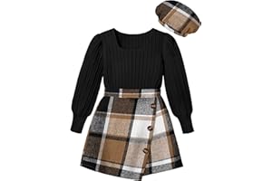 AGAPENG Girl Skirt Sets 3 Piece Outfits Square Neck Jacquard Puff Sleeve Tops Plaid Mini Skirt Shorts Fall Winter Clothes