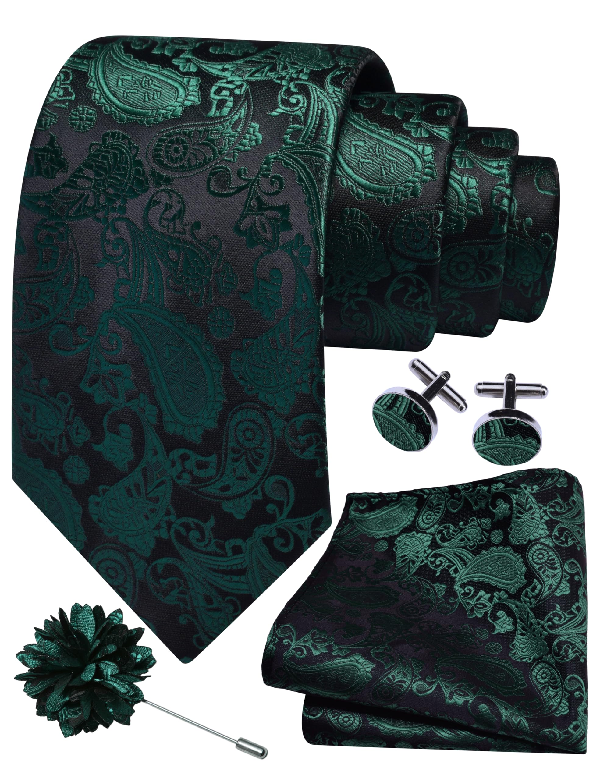 GUSLESON Mens Dark Green Tie for Wedding Silk