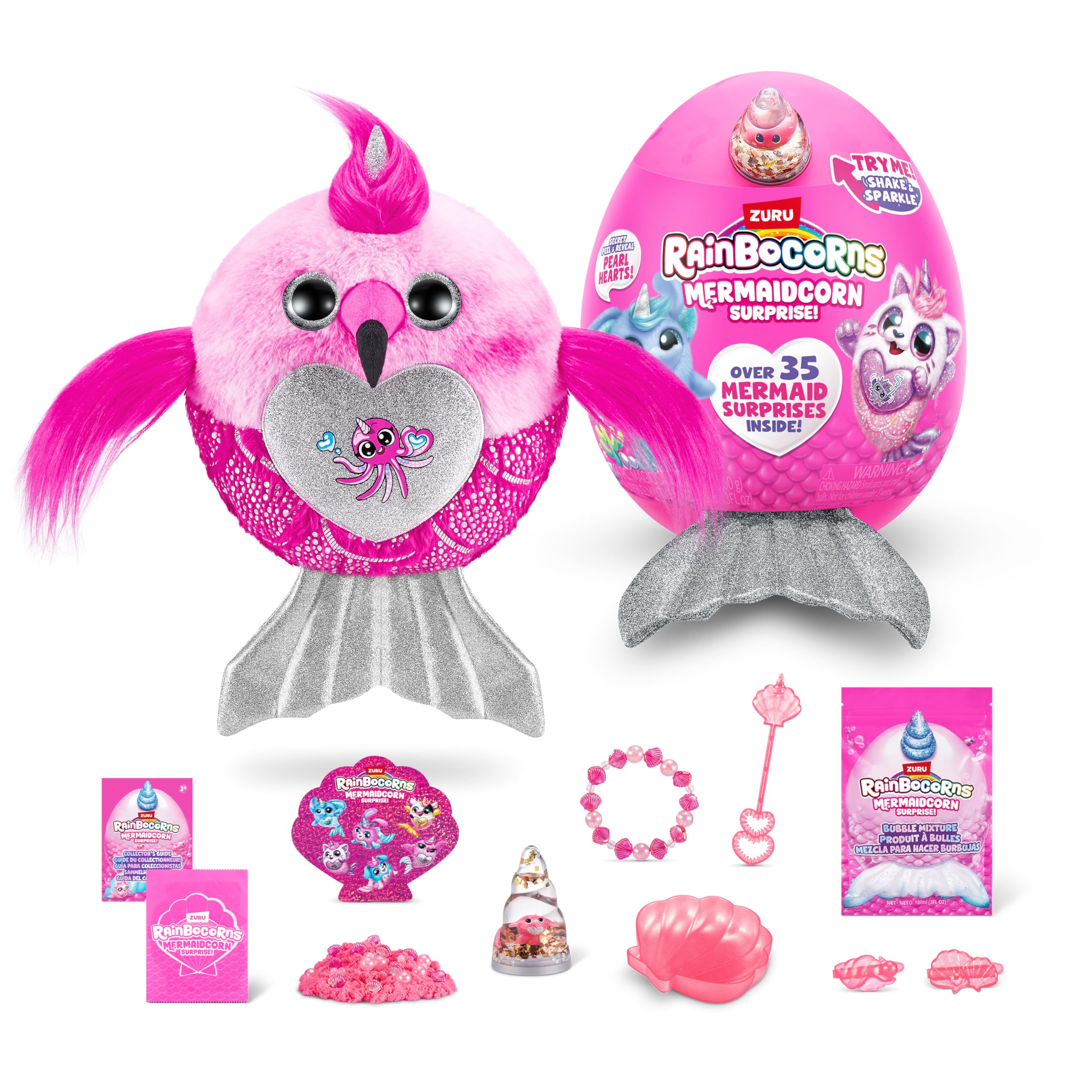 Rainbocorns Mermaidcorn (Flamingo) by ZURU, Collectible Plush, Mermaid Surprises, Cuddle Plush Stuffed Animal, Surprise Egg, Stickers, Magic Sands & Bubble Mixture, for Girls 3+ Up