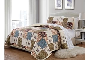 MK Home 3pc Full/Queen Bedspread Quilted Print Floral Beige Burgundy Purple Blue Taupe Over Size New # Milano 62
