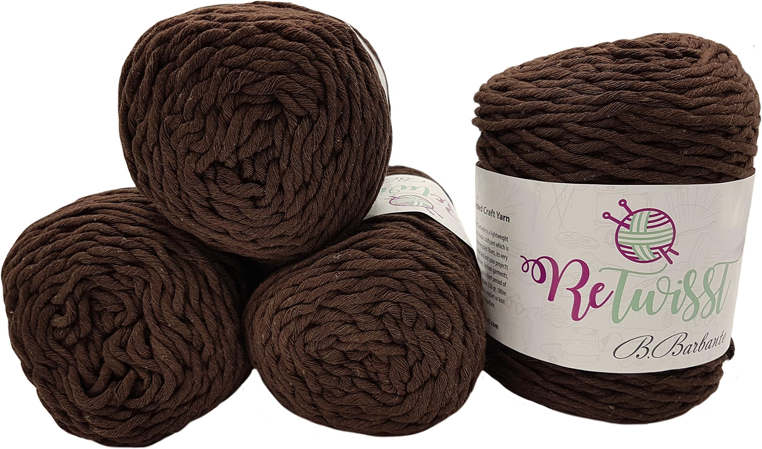1000g Textile Yarn, 4 x 250g Jersey Yarn, total approx. 720m Long, Fabric Yarn, Cord Yarn, Assorted Colours to Choose From brown