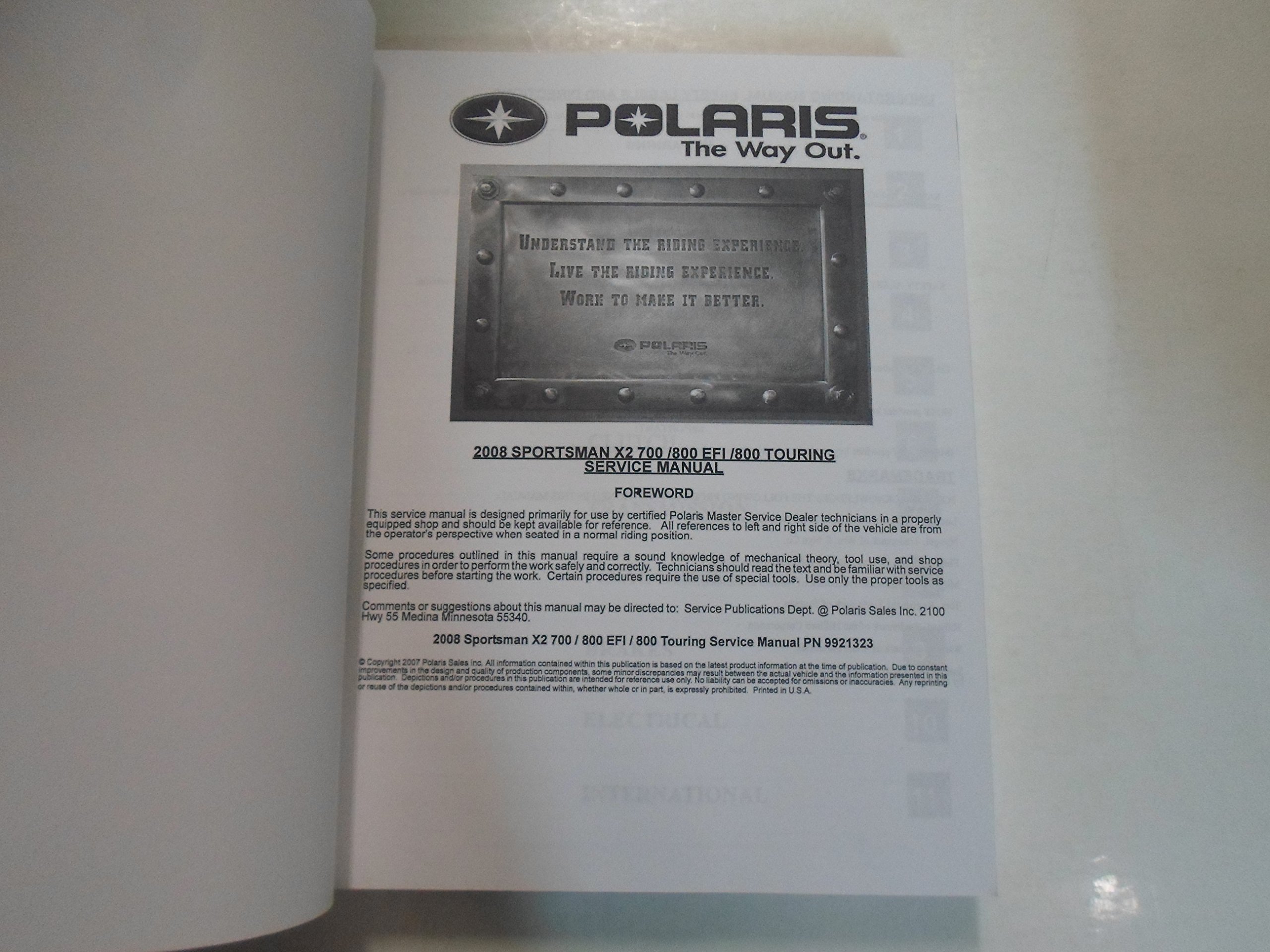 Polaris 2008 Sportsman ATV 800 EFI H.O. / Touring 700 EFI X2 Service Manual  #9921323: POLARIS: 6122905641318: Amazon.com: Books
