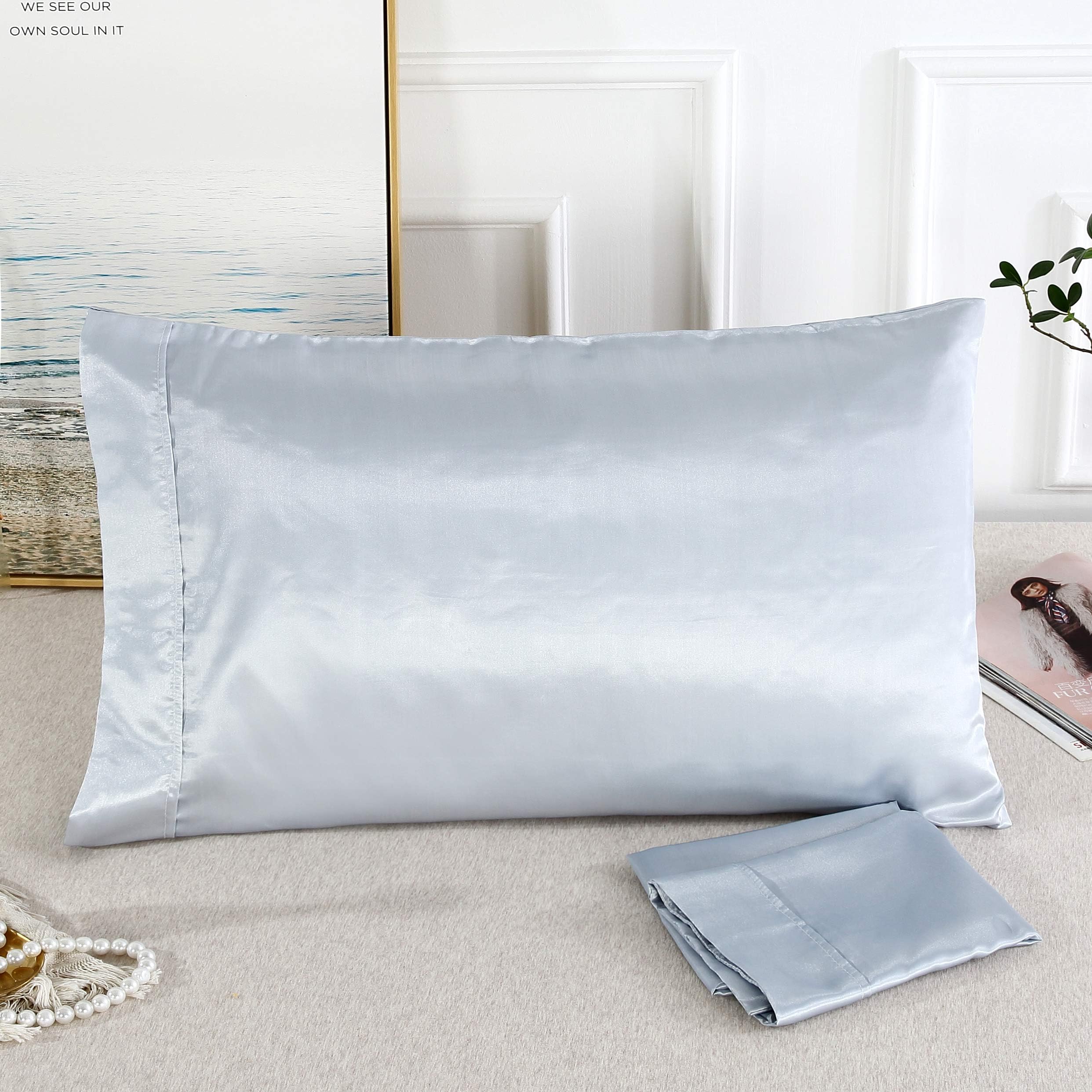 UNIHome 2pc New Queen/Standard Silk~y Satin Pillow Case Multiple Colors… (Silver, Queen(20"x30"))