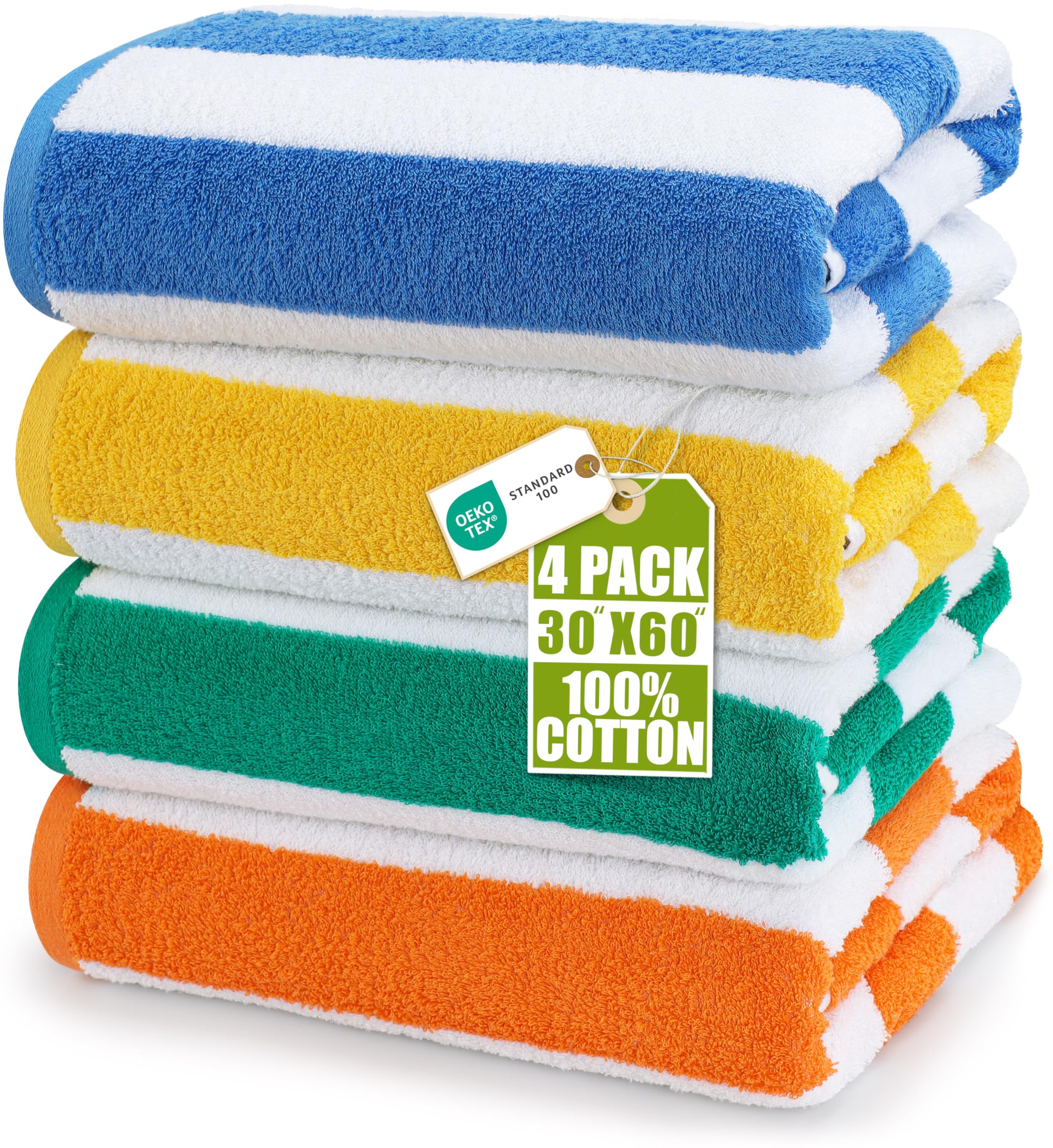 Utopia Towels Cabana Stripe Beach Towels (76 x 152 cm) - 100% Ring Spun Cotton Large Pool Towels, Soft and Quick Dry Swim Towels (Pack of 4) (Blue, Green, Orange & Yellow)