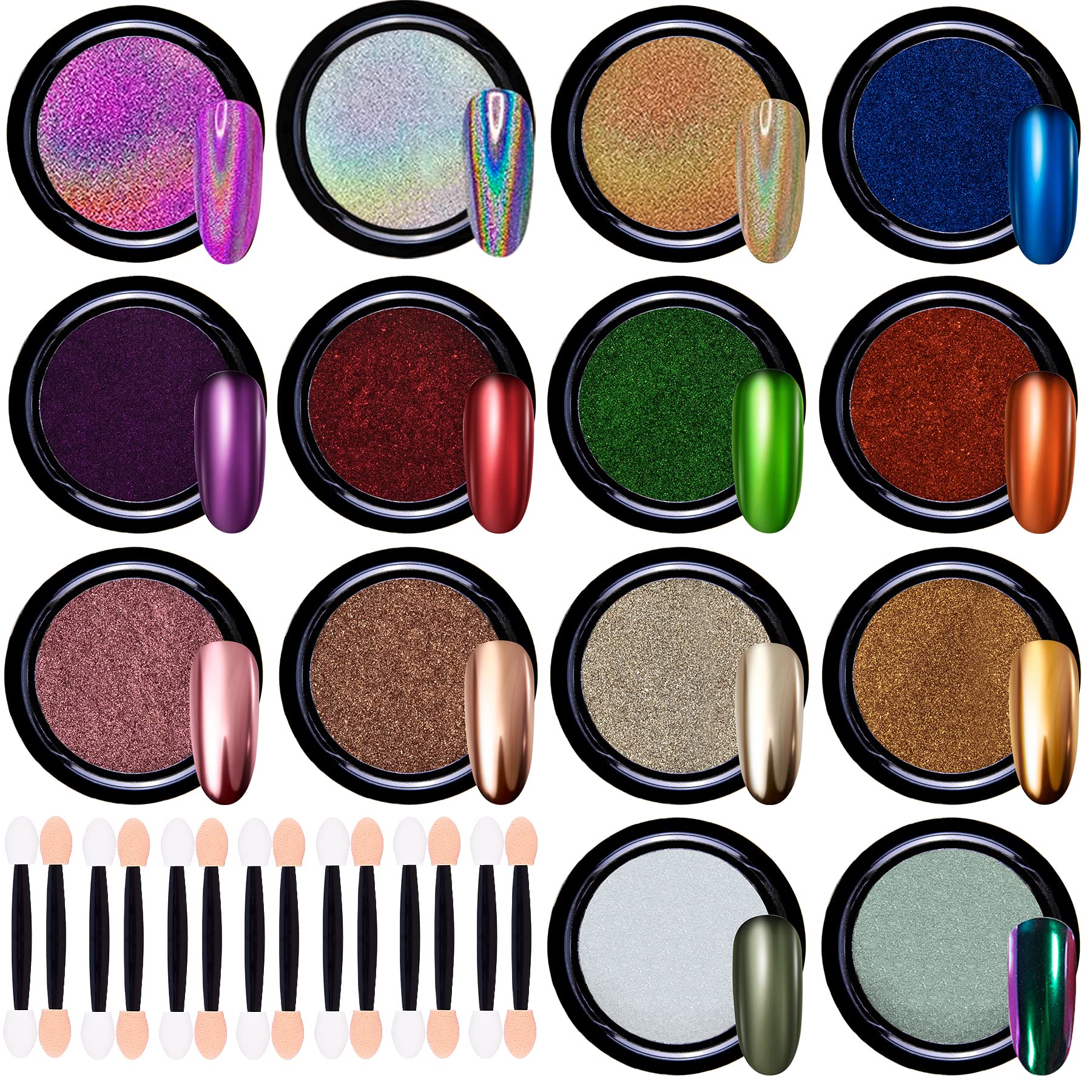 Duufin 14 Jars Nail Chrome Powder Metallic Mirror Effect Nail Powder 1g/Jar with 14 Pcs Eyeshadow Sticks, 14 Colours — image 1