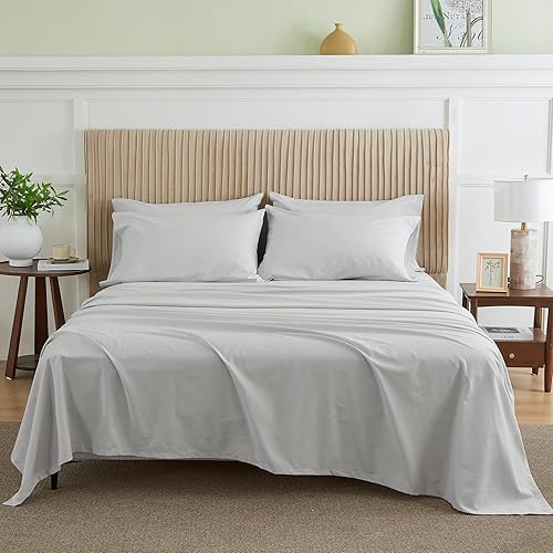 Simple&Opulence Belgian Linen Sheet Set Solid Color - 6 Pieces (1 Flat Sheet & 1 Fitted Sheet & 4 Pillowcases) 16" Deep Pocket Natural Flax Cotton Blended Soft Bedding - Khaki Grey, California King