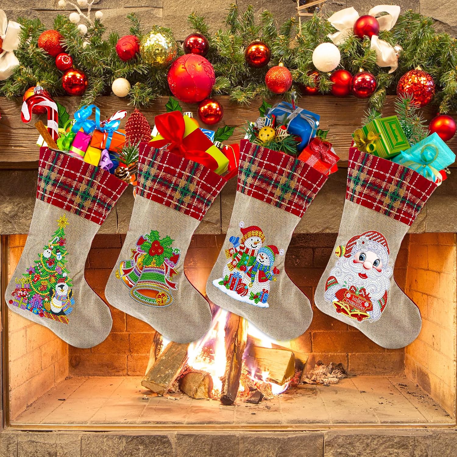 Stockings & Holders - 4 Pcs Christmas Diamond Painting Stockings 5D DIY Diamond Art Christmas Candy Storage Fireplace Hanging Stocking Personalized PresentStockings Christmas Decorations for Party Character Holiday Favor