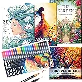 Adult Coloring Book for Women Relaxation, Mindfulness Coloring Book with 24 Dual Tip Markers, Stress Relief Gifts for Women with 128 Patterns Include Tree Garden Zen Meditation Style (4 Pack)