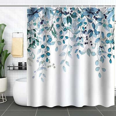 WELTRXE Shower Curtain 183x183cm Blue Leaves 12 Hooks Waterproof Polyester