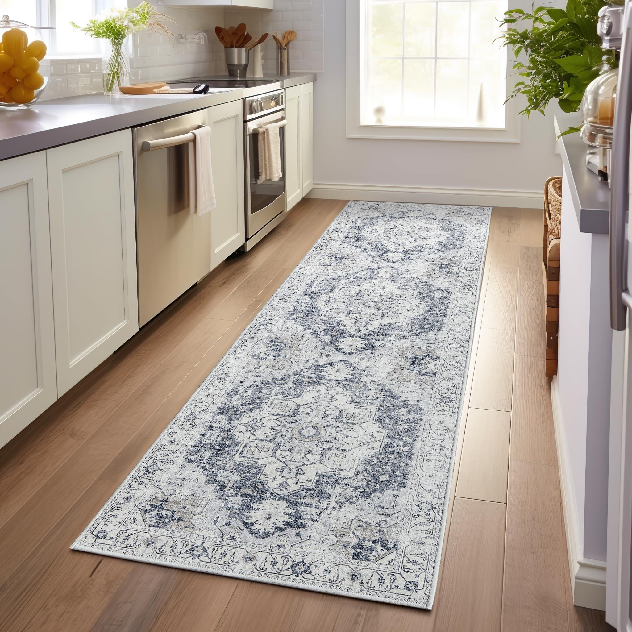 TOPICK Runner Rug 60x305cm Hallway Runner Washable Vintage Grey Rug Thin Non Slip Long Carpet for Kitchen Bathroom Bedroom Entranway