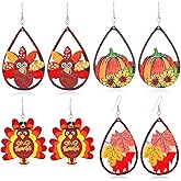 4 PCS Set Wooden Fall Earrings - Thanksgiving Turkey Pumpkin Maple Leaf Dangle Earrings - Colorful Holiday Autumn Festival Earrings