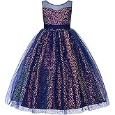 Uhnice Flower Girls Sequin Dress V-Back Tulle Ball Gown for Wedding Party