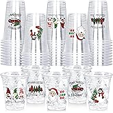 TREWAVE 50Pcs Christmas Cups Disposable 12 OZ Gnome Santa Snowman Truck Xmas Tree Clear Plastic Cups Set Coffee Juice Cold Beverage Drinking Cups for Holiday Christmas Party Supplies