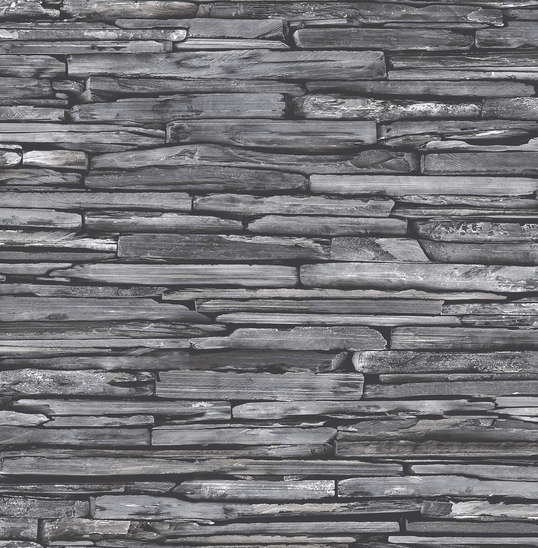 BHF FD22352 "Reclaimed Stacked Slate Blue" Wallpaper - Charcoal