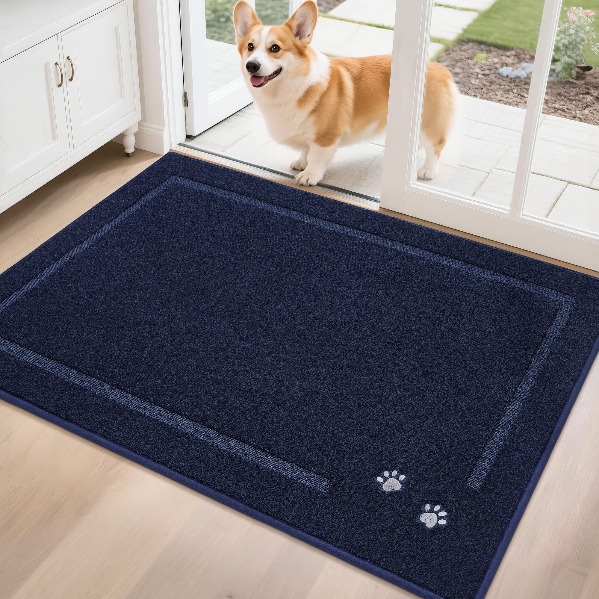 BEQHAUSE Dog Door Mat for Mud Paws Dirt Trapper Doormat Non-Slip Entryway Rugs Absorbent Welcome Mat Washable Indoor Floor Mat Low-Profile for Front Door, 32" x 48", Navy Blue Image