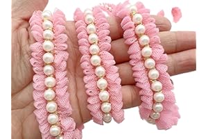 PEPPERLONELY 1 Yard 3/4 Inch Wide Beaded Mesh Ruffle Lace Trim Tutu Dress Fabric Tulle Ribbon for Wedding Decoration Gift Wrapping Tutu Skirts - Pink