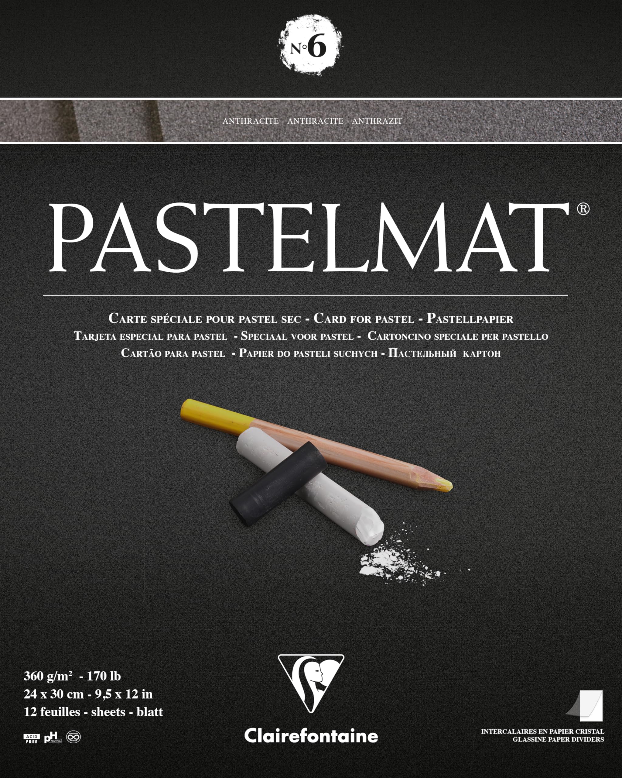 Clairefontaine - Ref 96004C - Pastelmat Pastel Card Pad No.6 (12 Sheets) - 360gsm Card - 24 x 30cm - Anthracite - Specially Formulated For Use With Pastels