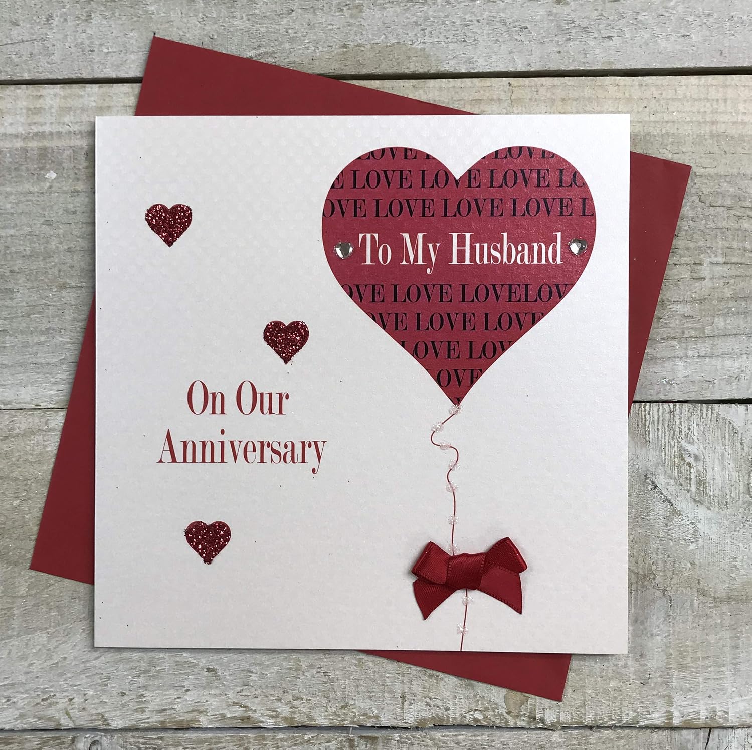 White Cotton Cards Husband Anniversary Handmade Card with Heart and Balloon, White, PD90, 16CM X 16CM
