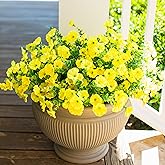 Artificial Flowers for Outdoors Fake Flowers Plants for Spring Summer Decor, 12 Bundles Silk Morning Glory with Eucalyptus Look Real UV Resistant Yellow Faux Flowers for Outside Planters Yard Patio