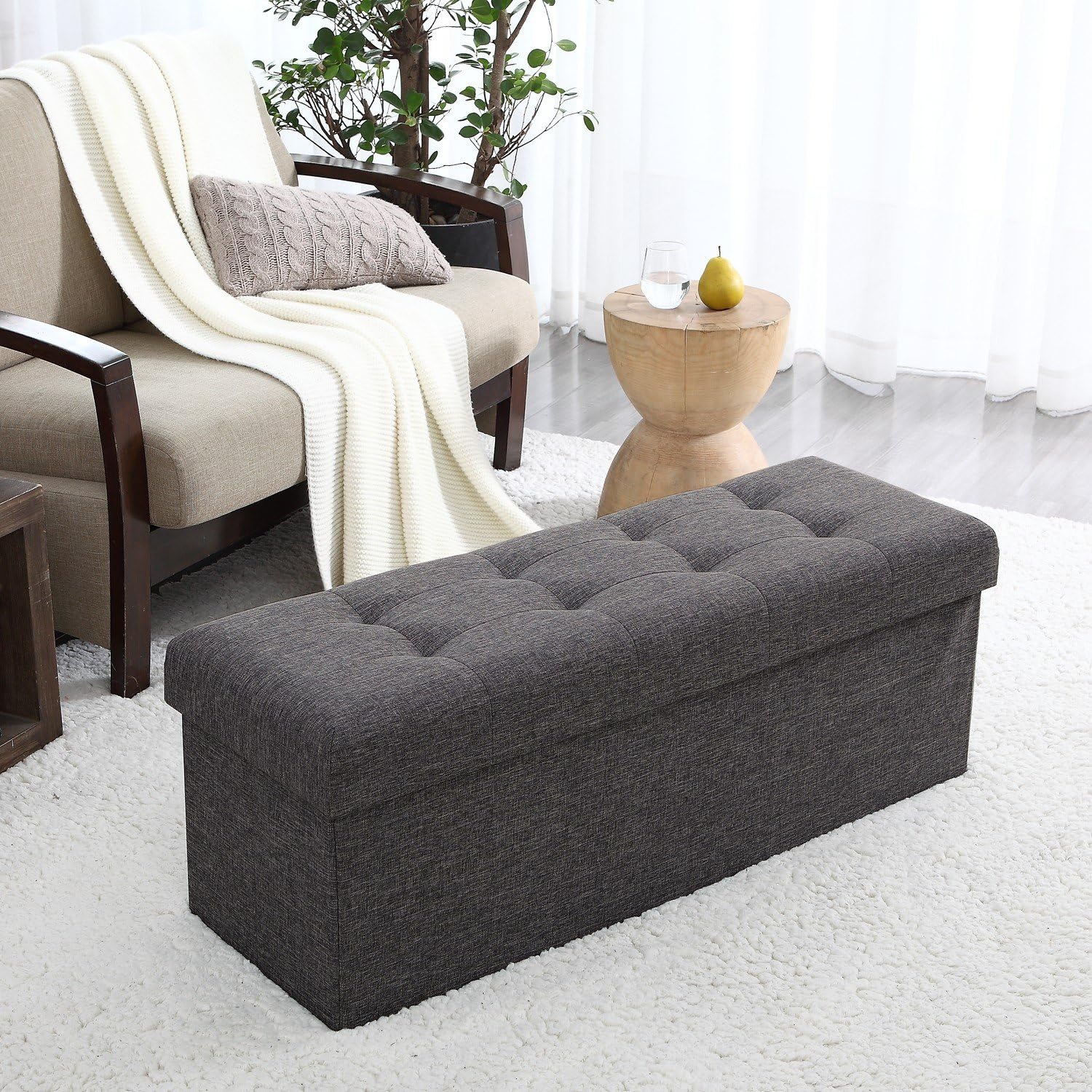 Ornavo Home Foldable Tufted Linen Large Storage Ottoman Bench Foot Rest Stool/Seat - 15" x 45" x 15" (Charcoal): Kitchen & Dining