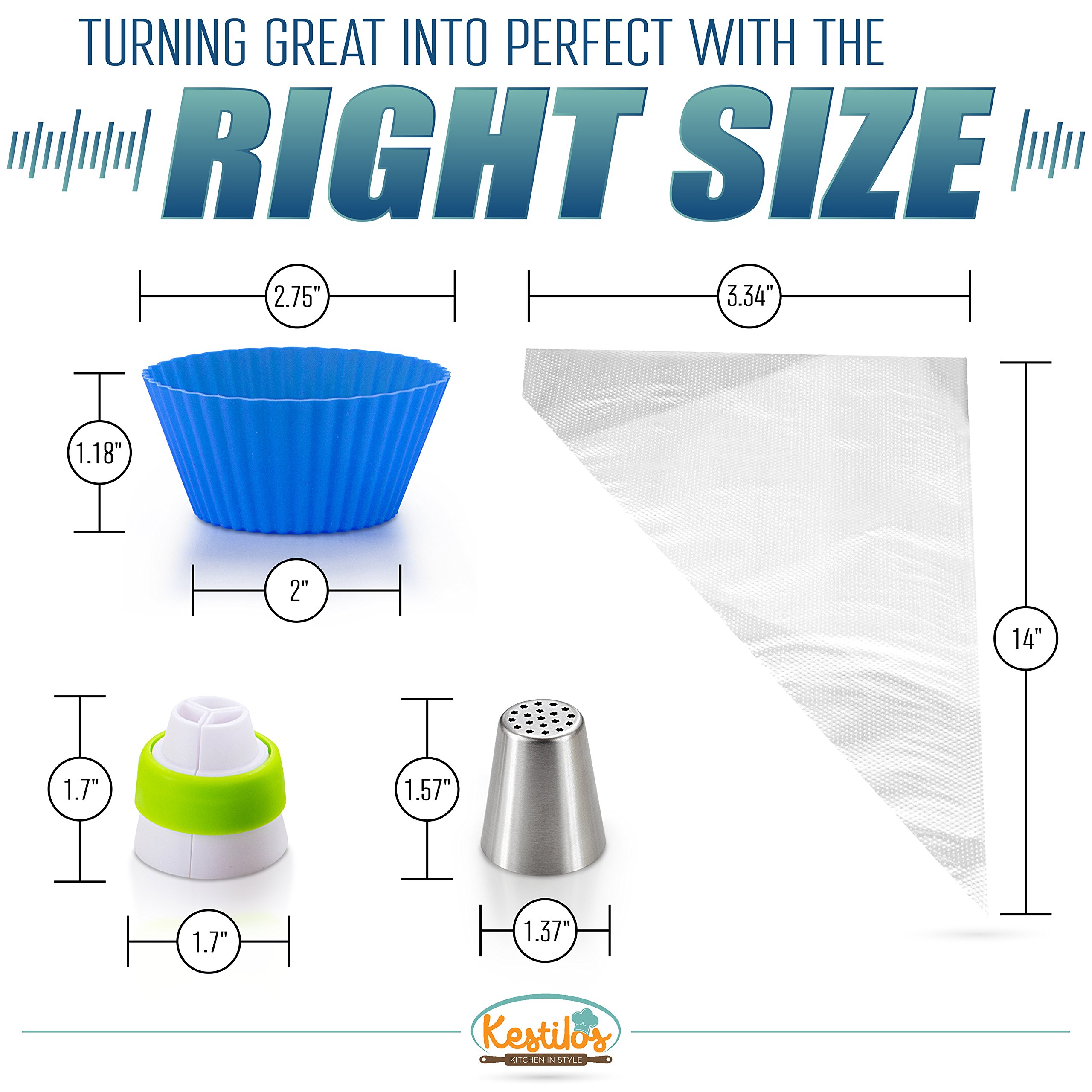 Russian Piping Tips Set By Kestilos – 7 Cake & Cupcake Decorating Icing Nozzles, A 3 Color Coupler, 5 Disposable Pastry Bags & 12 Silicon Cupcakes Molds