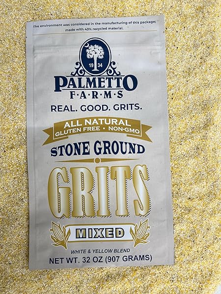 PALMETTO FARMS MIXED YELLOW AND WHITE STONE GROUND GRITS 2 LB – NON-GMO – JUST ALL NATURAL CORN, NO ADDITIVES – NATURALLY GLUTEN FREE, PRODUCED IN A WHEAT FREE FACILITY – GRINDING GRITS SINCE 1934