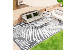 WondRg Outdoor Waterproof Patio Rug 5x8 Plastic Straw Reversible Lightweight Outdoor Area Carpet for Camping RV Picnic Backyard Deck Balcony Porch Beach, Grey & White Leaf