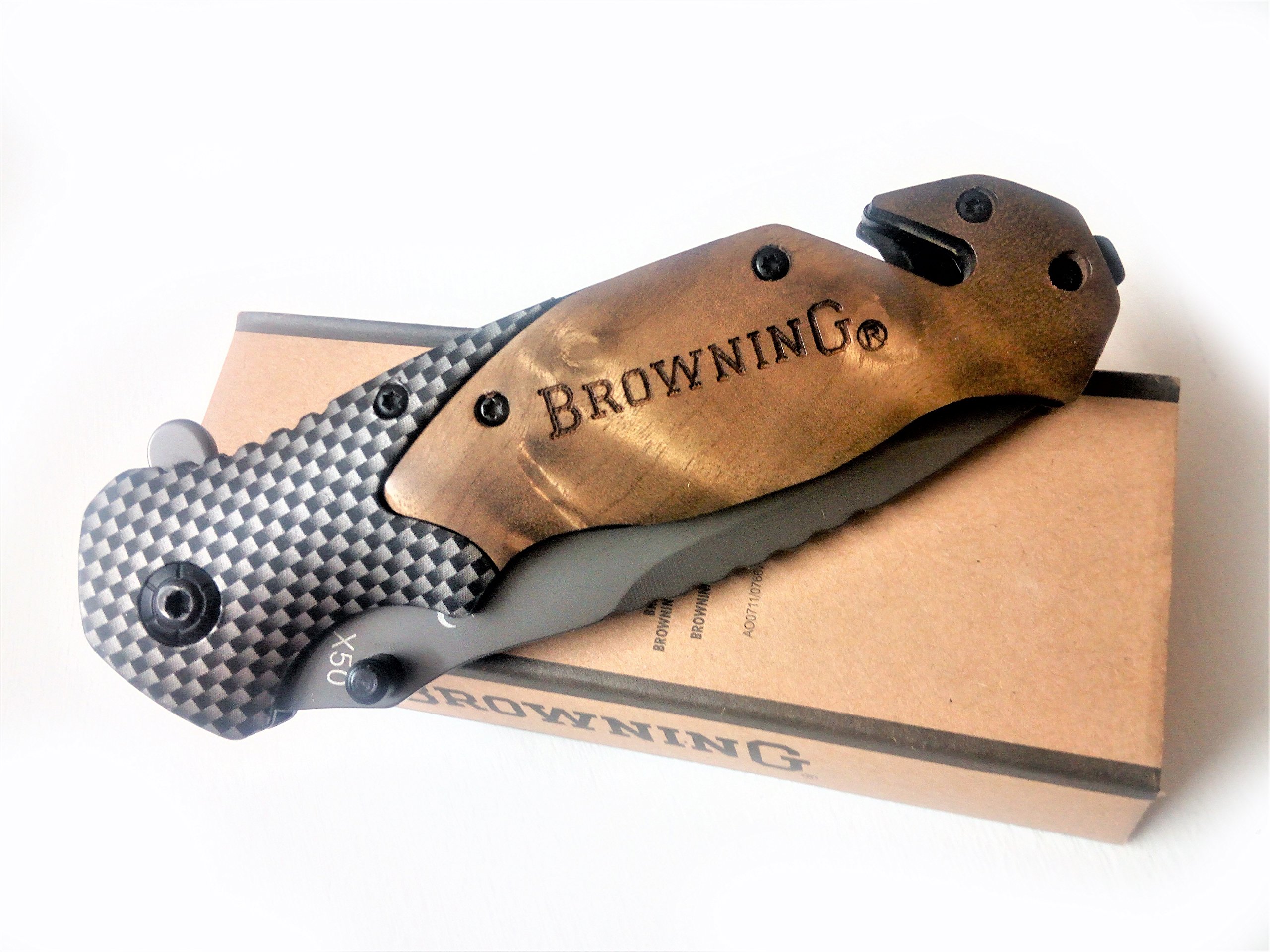 Brrrowning Hunting Folding Knife with Seat Belt Cutter and Slotted Screwdriver for Survival Camping Tactical, Gray Titanium Coating Blade and Wood Handle