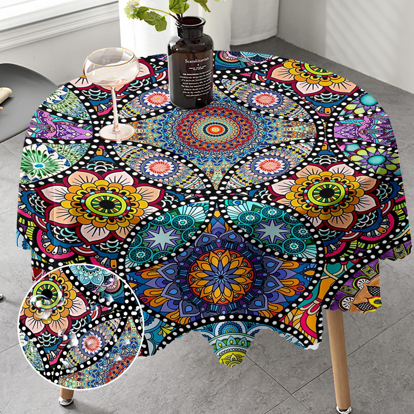 iEvery Round Tablecloth 150cm Boho Wipeable Tablecloths Polyester Wipe Clean Table Cloth Waterproof Circular Table Cover for Home Dinning Kitchen Party Picnic Patio Outdoor