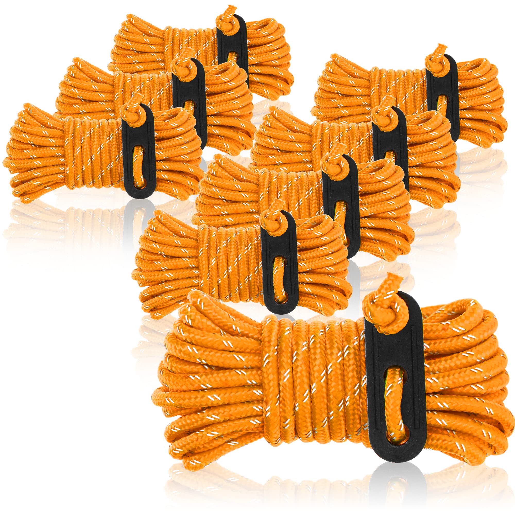 COM-FOUR® 8x guy ropes each 4m for camping reflective in orange - tent cord with guy buckle - tension cord - camping cord - rope tensioner - tent rope - storm strap