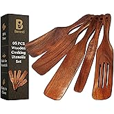 Wooden Spurtle Set – 5 Pcs Acacia Spurtle Spatula for Cooking - Natural Surtle Kitchen Tools for Nonstick Cookware, Salad Mixing, Serving & Stirring