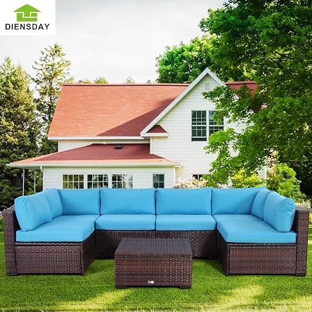 Diensday 7 Piece All Weather Cushioned Outdoor Patio Pe Rattan Wicker Sofa Sectional Furniture Set Clearance Lawn Backyard Furniture Blue Cushion Mixed Brown Wicker Amazon Co Uk Garden Outdoors