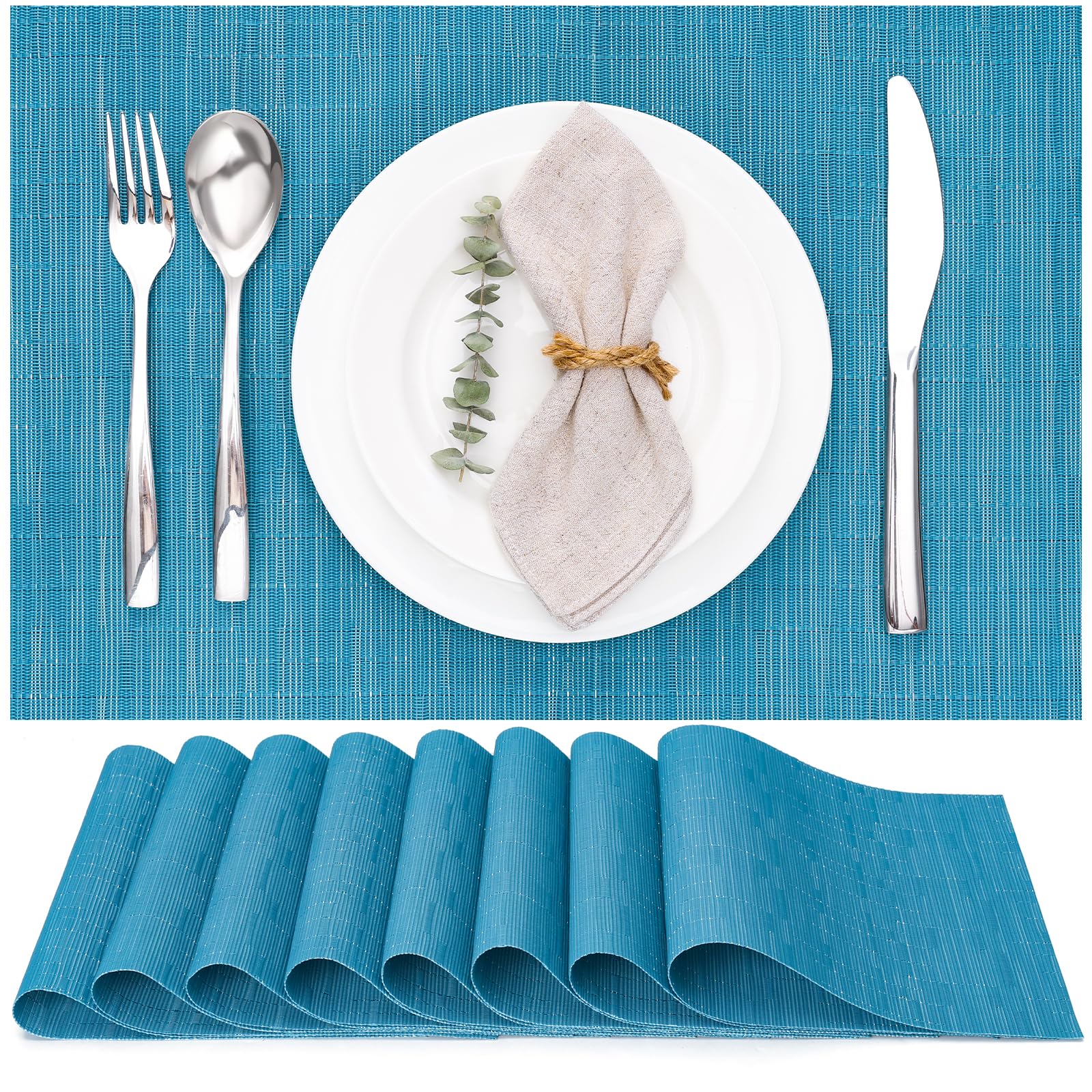 Myir JUN Table Mats Set of 8, Place Mats Table Placemats Washable Non-slip Heat Insulation Woven Vinyl for Kitchen Dinning Restaurant 17"X12" (Blue)