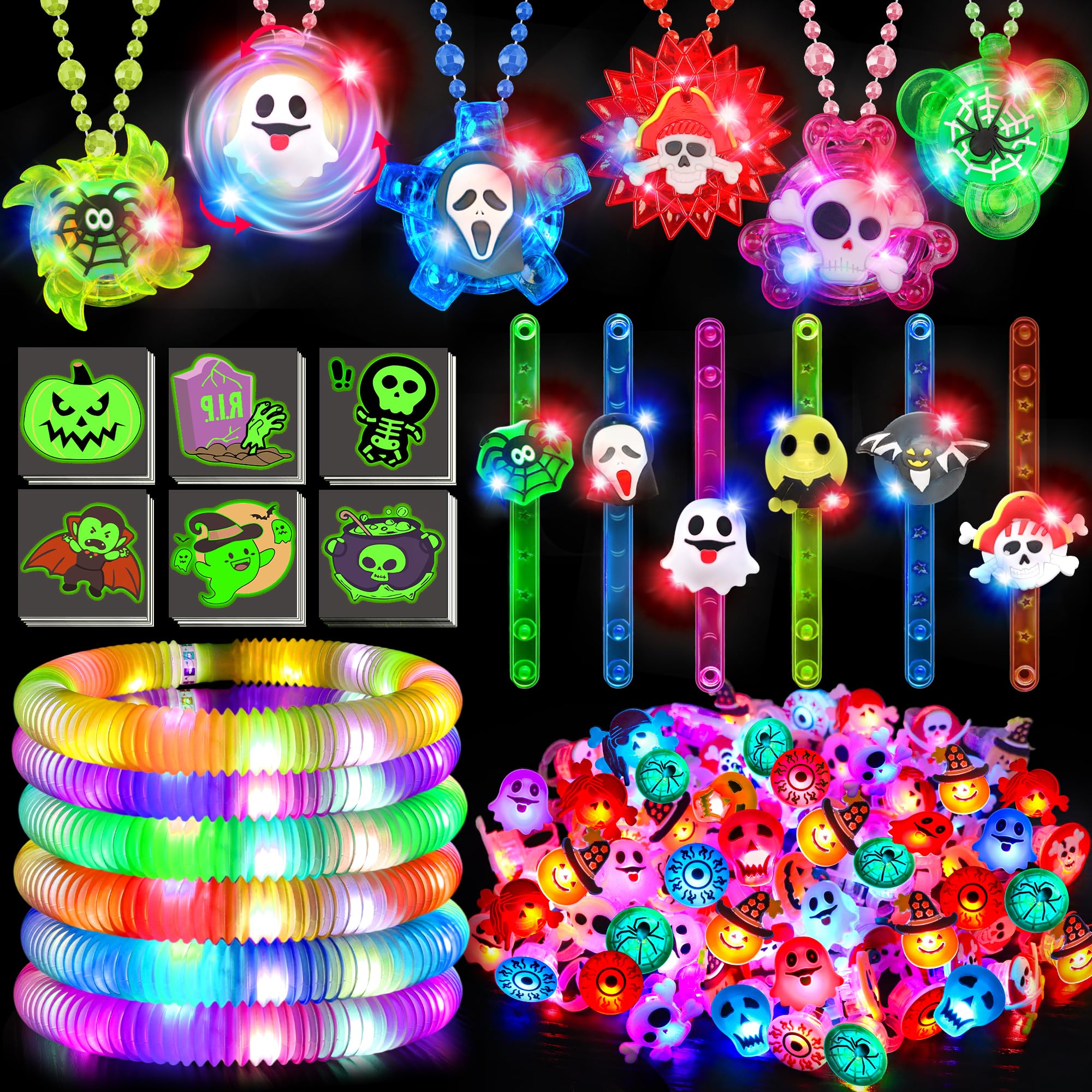 Photo 1 of 88 PCS Halloween Party Favors for Kids, Halloween Party Supplies Glow in The Dark Toys Bulk Light Up Rotating Necklaces Bracelet LED Rings Halloween Treats for Goodie Bag Fillers Trick or Treat Toy
