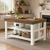 Tribesigns Kitchen Island with Storage Shelves | Farmhouse Wooden Stationary Island Table for Kitchen Dining Room