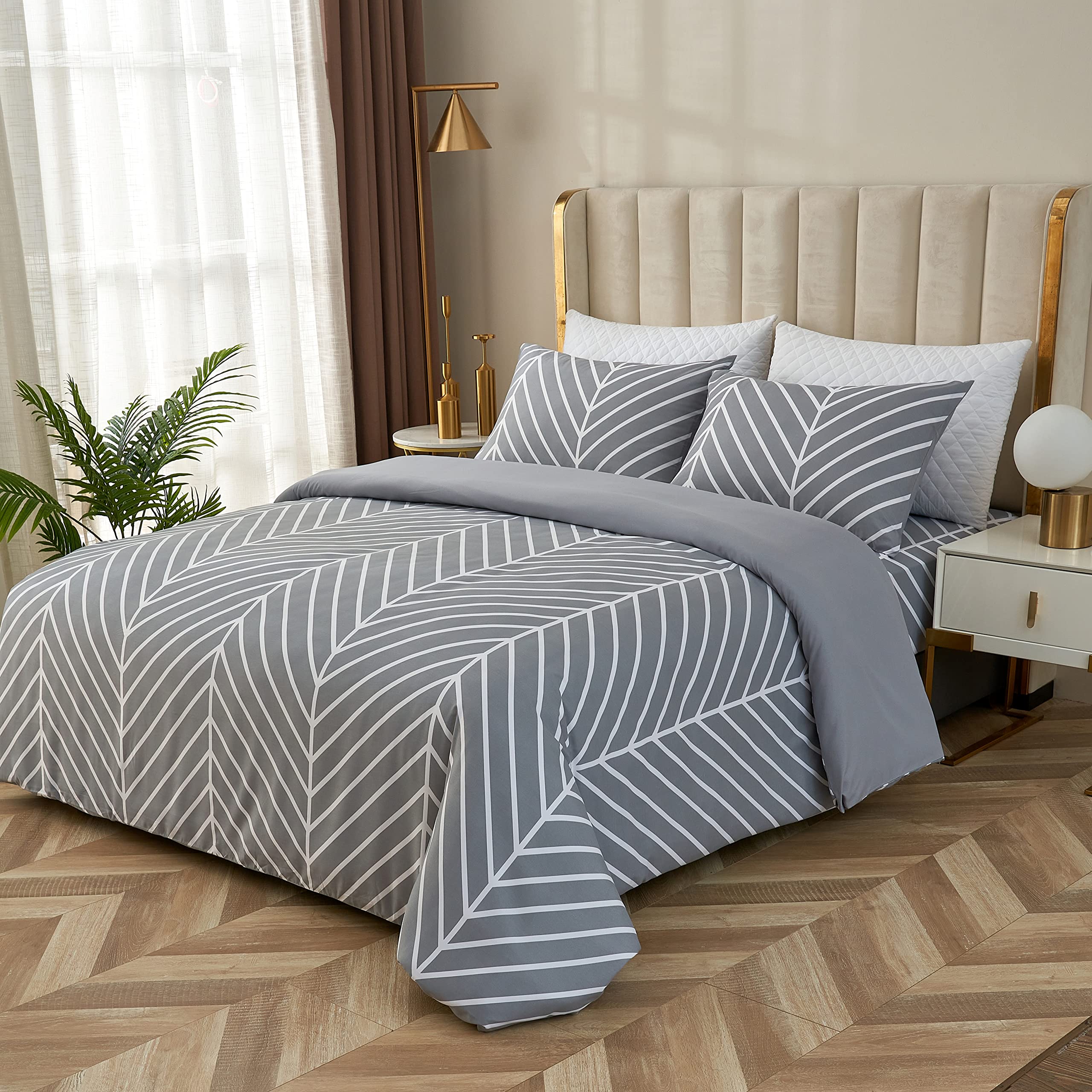 The House Of Emily Printed Duvet Cover Set Reversible Grey Herringbone Brushed Microfibre Duvet Cover with Pillowcase(s) (Double)