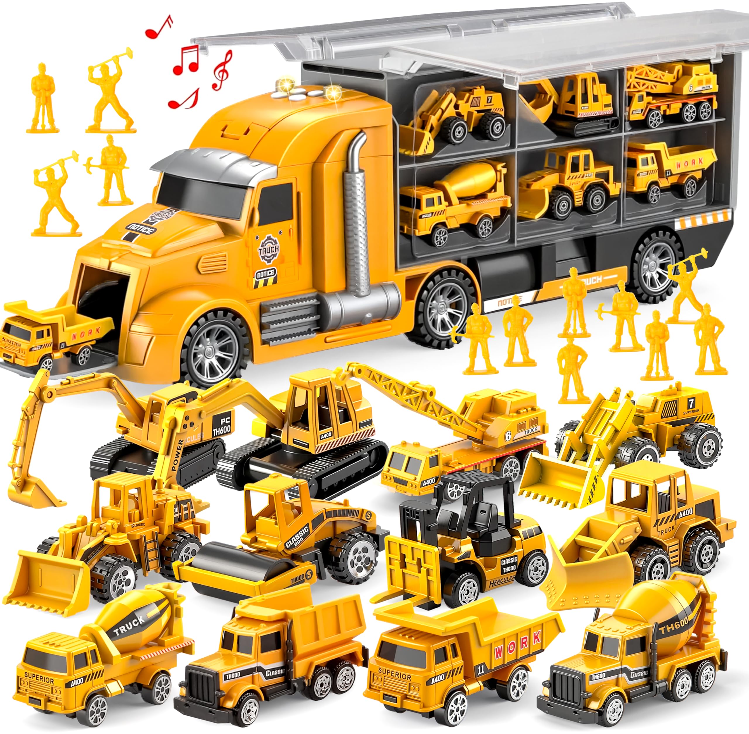 Photo 1 of JOYIN 25 in 1 Kids Construction Truck Toy Set, 24Pcs Push and Go Cars and Worker Figures, Toddler Play Vehicles Carrier Truck with Sounds and Light, Birthday Gifts Toys for 3 4 5 6 7 Years Old Boys
