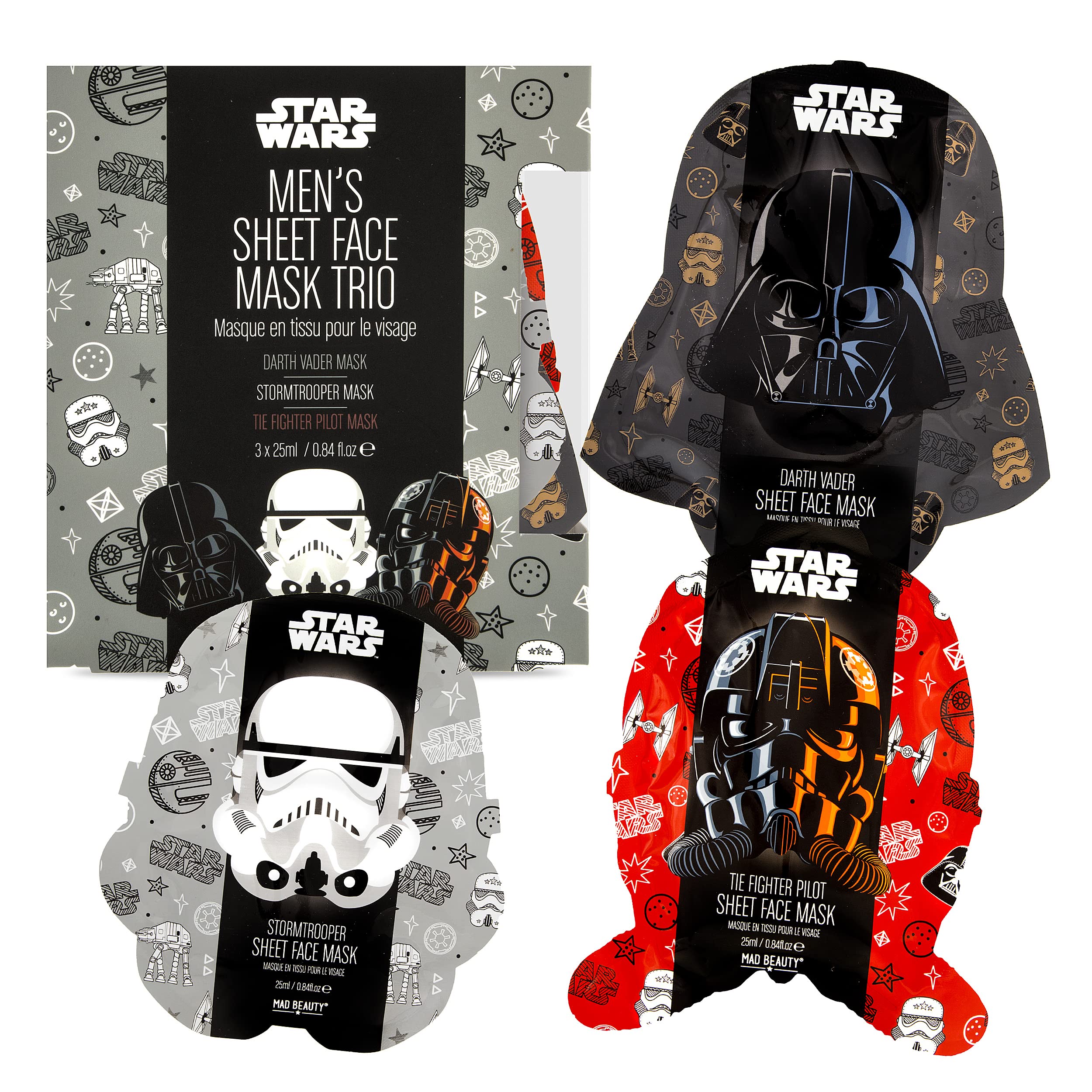 MAD BEAUTY Star Wars Sheet Face Masks Set (Pack of 3) | Darth Vader, Storm Trooper, and Fighter Pilot | Black Tea, Green Tea, and Coconut to Soothe and Rejuvenate Tired Skin