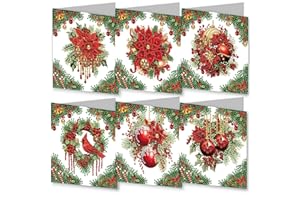 BAYUNOE 6Pcs Christmas Greeting Card DIY Diamond Art Painting Greeting Cards Special Shaped Diamond Blessing Gift Folding Card Kit Arts Crafts for Birthday Thanksgiving Day-Poinsettia
