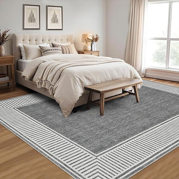 GARVEEHOME WASHABLE RUG 5X7 FOR BEDROOM LARGE LIVING ROOM RUG WITH RUBBER BACKING CASUAL STRIPED BORDER THROW CARPET MODERN CONTEMPORARY AREA RUG FOR DINING ROOM NURSERY ENTRY, GREY