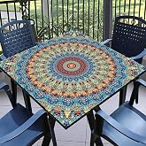 Square Fitted Outdoor Tablecloth with Elastic Wipeable Card Table Cover | 48"X48" Tablecloth Full Surround Elastic Hem Anti Slip Windproof Waterproof Design Machine Washable for Picnic Kitchen Dinner
